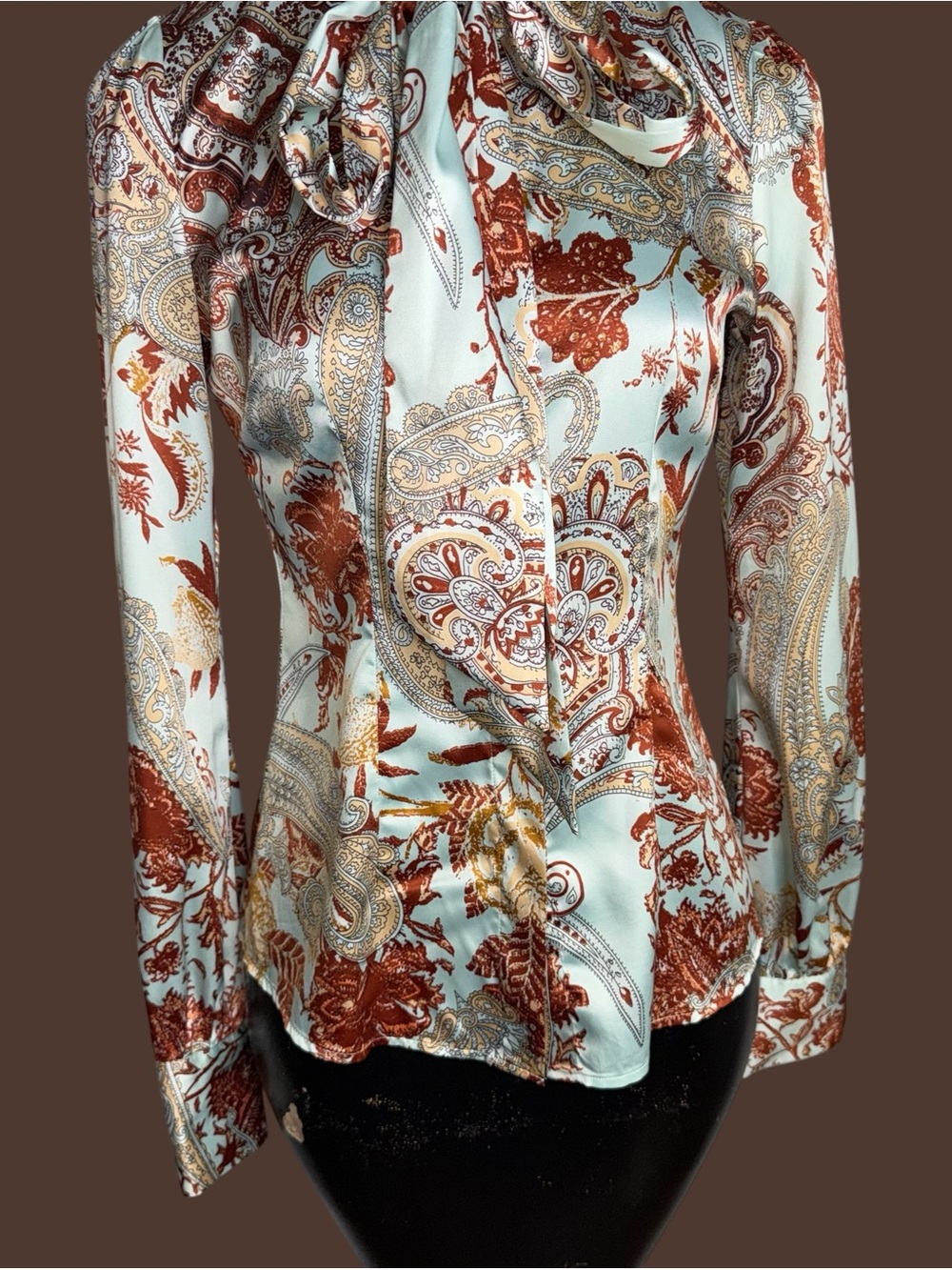 Hawes & Curtis Fitted Paisley Bow-Tie Blouse - Mint & Rust - Picture 3 of 9